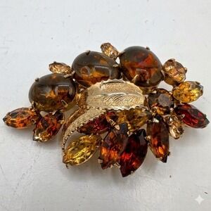 Vintage Amber Color Rhinestone Gold Tone Layered Statement Brooch Pin